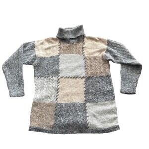 Segue Women's Medium Silk Angora Blend Patchwork Turtleneck Sweater Gray Taupe